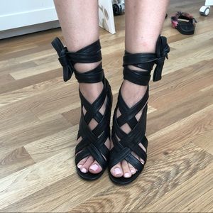 Black lambskin leather strap ties caged sandals